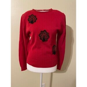 Andrea Gayle Red Knit Sweater Petite Medium Shoulder Pads Black Beaded Tassles